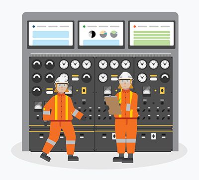 Engineers monitoring control module, graphic