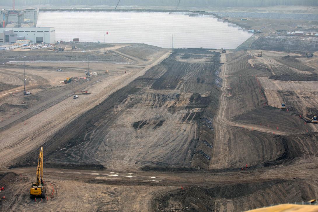 An overview of the dam core, where work continues on the upstream dam shell.