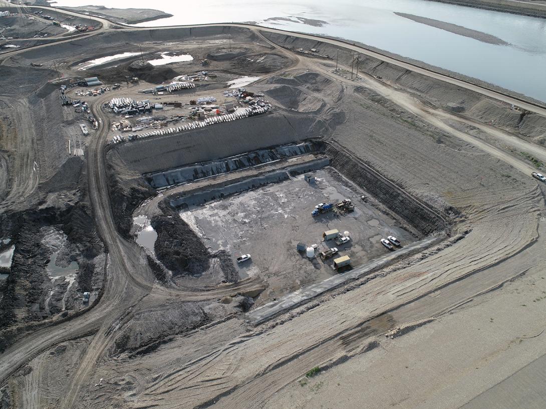 An aerial look at the dam core trench on the south bank. | September 2019