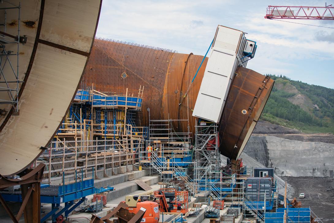 Penstock units take shape above the Site C generating station. | August 2019