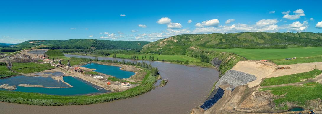 Highway 29 realignment at Halfway River showing bridge pier construction and site preparation for the abutment. | June 2020