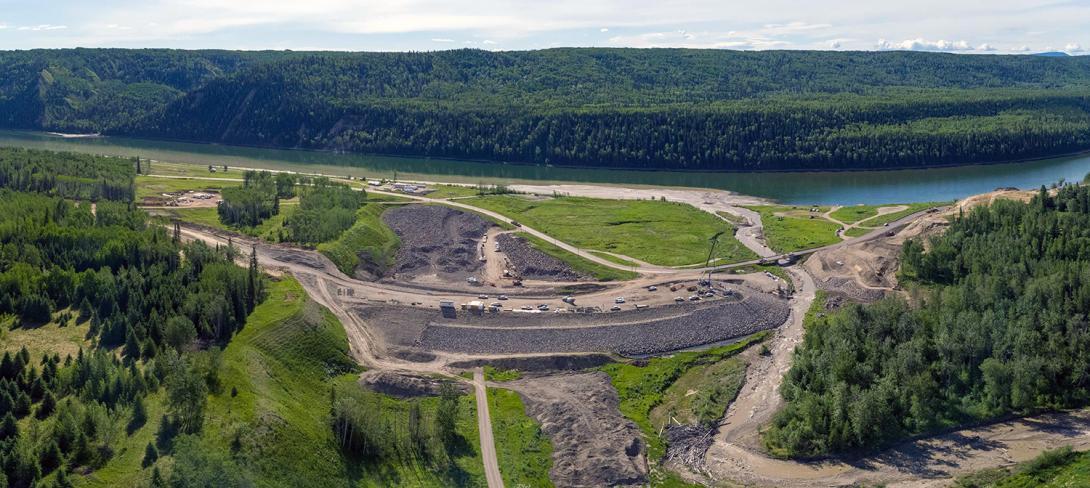 Highway 29 realignment work at Lynx Creek is ongoing. The eight-kilometre segment of highway includes a new bridge, causeway, and embankment. | June 2021