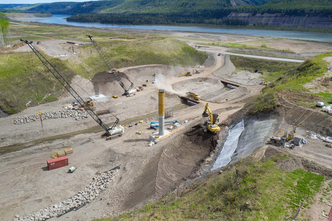 The first of two columns is complete on the new 158-metre-long bridge on Highway 29 at Dry Creek. | May 2021