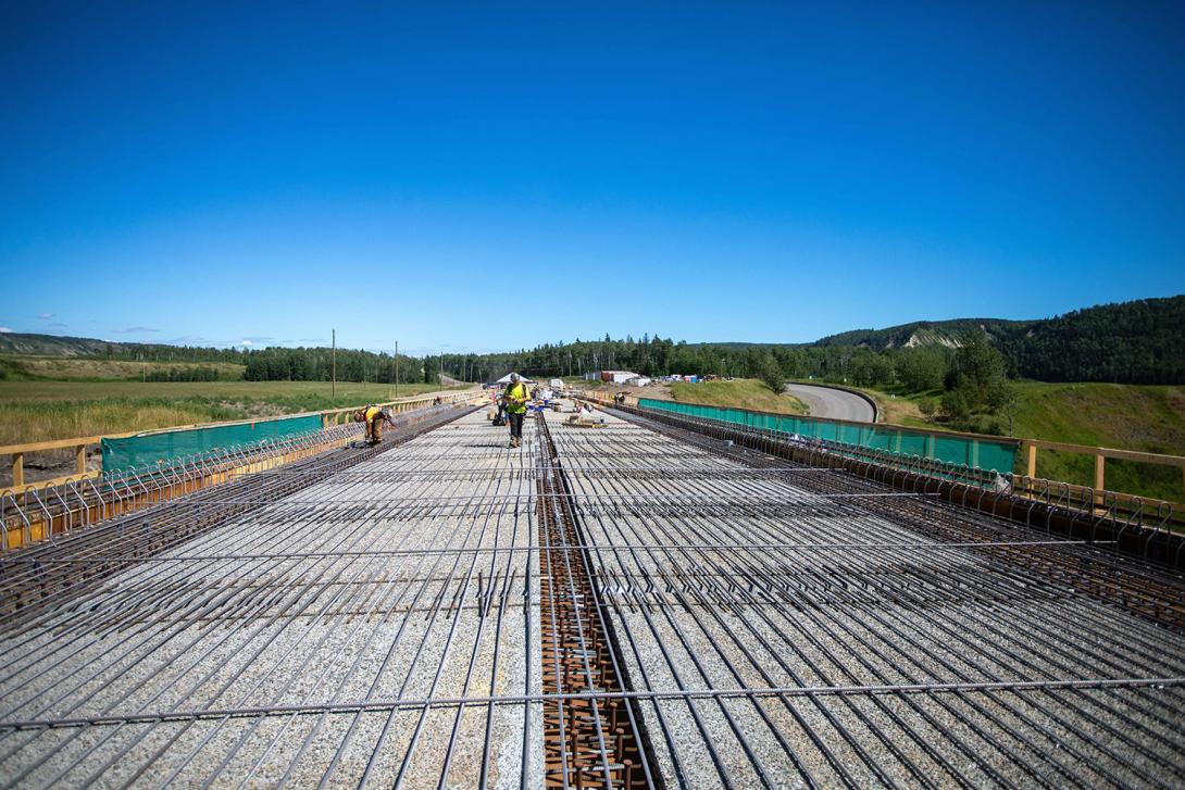 Crews place rebar for the Farrell Creek bridge deck. | July 2022