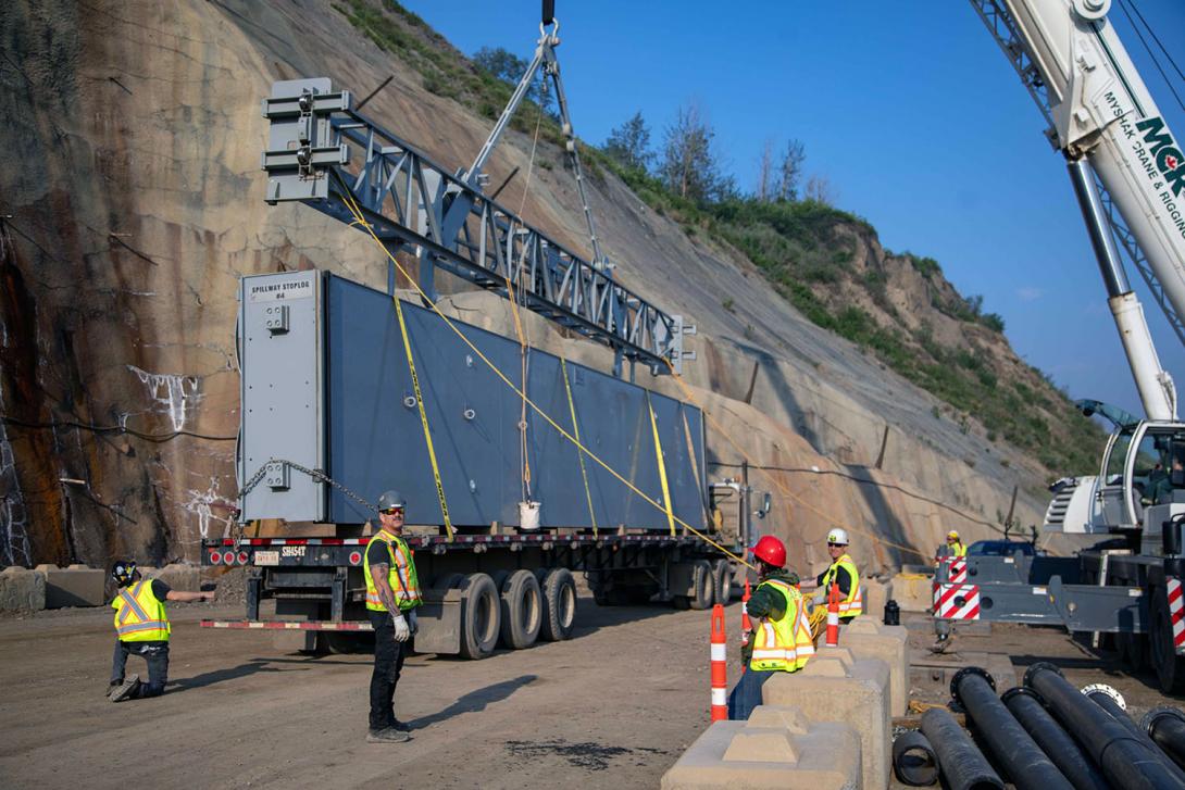 Stoplogs are the hydraulic engineering control used to stop the flow of water at the outlet of Diversion Tunnel 2. | June 2023